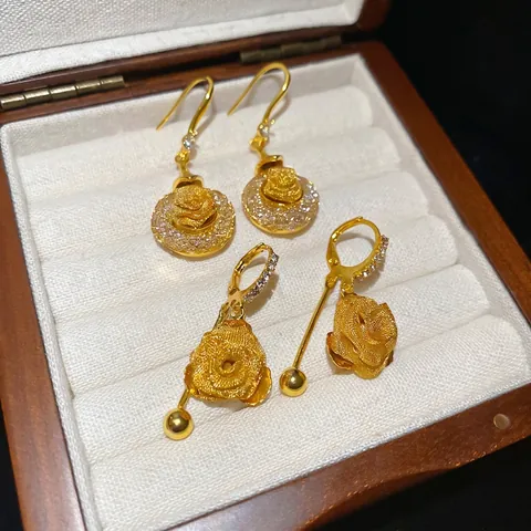 Rose Flower Dangle Earrings Vintage Gold Plated Hollow Circular Grid Rhinestone Elegant Jewelry For Women