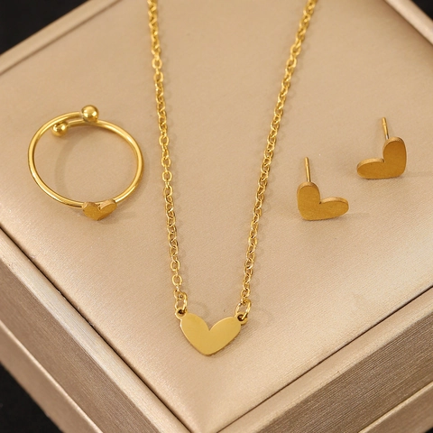Minimalistischer Herzschmuck Halskette Ohrringe Und Ring Für Frauen Edelstahl 18K Vergoldet Elegante Trendige Accessoires