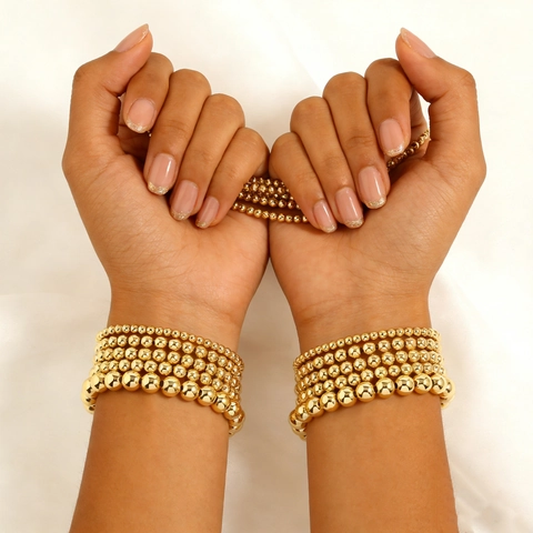 18K Gold Plated Copper Bead Elastic Bracelets High Polished Ball Layered Stackable Jewelry For Women Minimalist Fashion