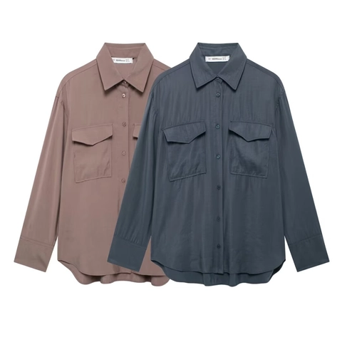 Women Long Sleeve Button Down Shirt Polyester Solid Color Double Breast Pockets Turn Down Collar Loose Casual Blouse