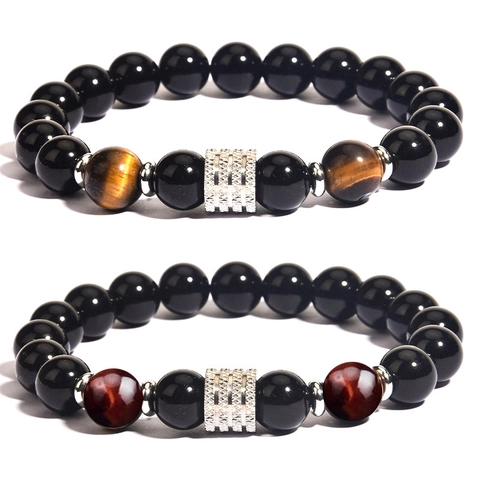 Beaded Bracelet Natural Tiger Eye Obsidian Stone Stainless Steel Elastic Adjustable Fashion Jewelry For Men Women
