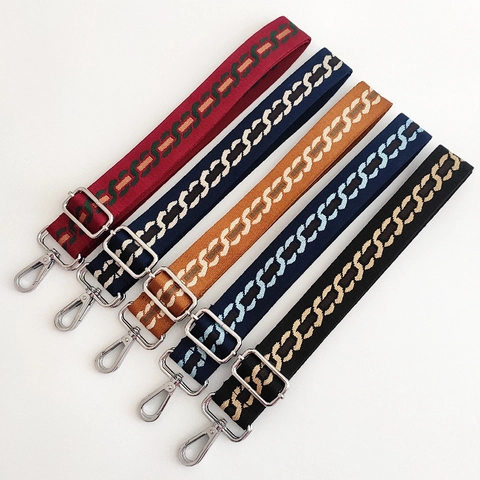 Adjustable Bag Strap Poly-Cotton Replacement Wide Shoulder Belt Geometric Chain Link Pattern Metal Swivel Hooks For Handbags