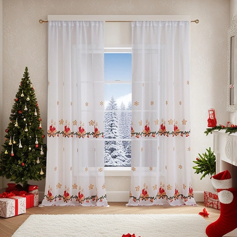 Christmas Sheer Curtains Embroidered White Polyester Mesh Candle Snowflake Reindeer Window Holiday Decor Festive