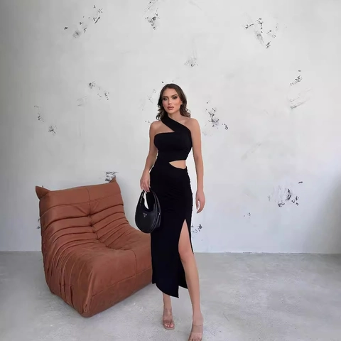 One Shoulder Cut Out Maxi Kleid Gerafft Hoher Schlitz Polyester Elasthan Eng Sexy Party Abend Clubwear Damen