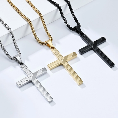 Stainless Steel Cross Pendant Necklace American Flag Design Hip Hop Men Jewelry