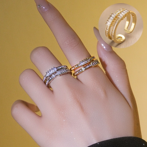 Titanium Steel Double Layer Ring Rectangular Zircon Micro Pave Adjustable Open Minimalist Jewelry For Women