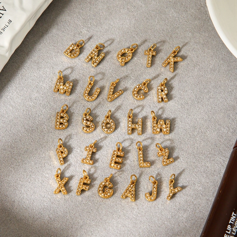 Edelstahl Alphabet Initialen Anhänger Gold Zirkon DIY Halskette Armband Charms Schmuckherstellung