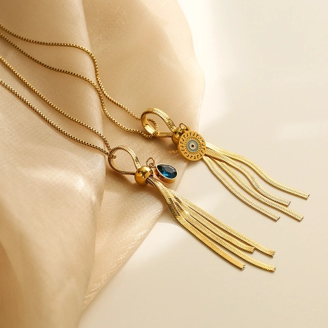 Collana Con Pendente In Acciaio Al Titanio Placcato Oro Vintage Elegante Con Goccia D'acqua In Zircone E Nappa Malocchio Per Donna