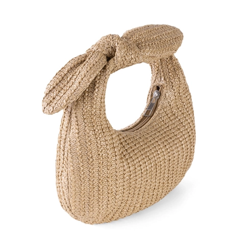 Straw Woven Handbag For Women Summer Beach Vacation Crescent Purse With Bow Knot Handle Lightweight Casual Clutch