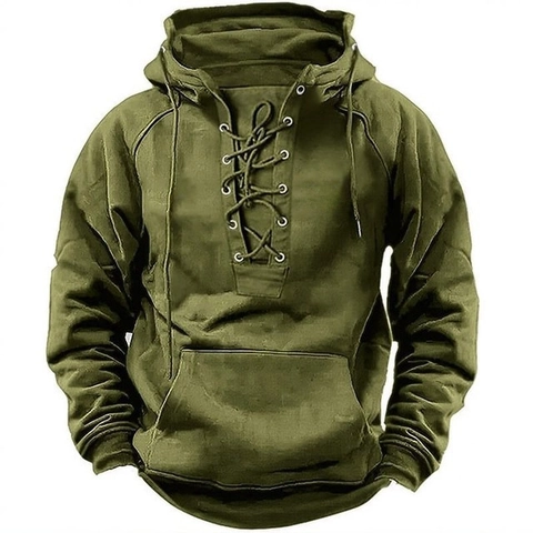 Camiseta con Capucha Retro con Cordones para Hombre Color Sólido Casual Talla Grande Sudadera de Manga Larga con Bolsillo de Canguro