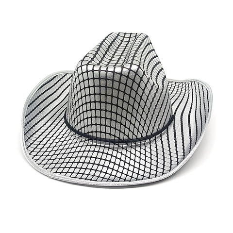 Cappello Da Cowboy Occidentale Metallico Lucido Disco Paillettes Tesa Larga Cordino Regolabile Costume Palcoscenico Festa Unisex