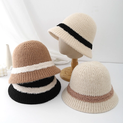 Sombrero De Pescador De Punto Cálido Acrílico Rayas Color Contrastado Plegable Para Mujer Invierno