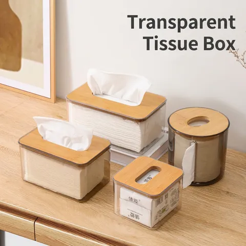 Modern Nordic Transparent PET Tissue Box With Bamboo Wood Lid Minimalist Visible Napkin Holder For Home Office Use