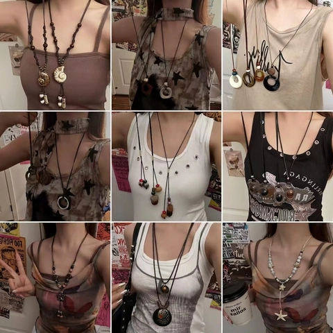 Retro Lange Anhänger Halskette Keramik Holz Harz Perle Ethnischen Boho Stil Frauen Pullover Kette Halsschmuck