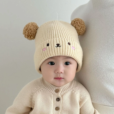 Bonnet En Tricot Pour Bébé Chaud Fil De Laine Épaissi Pompons Oreilles D'ours Broderie Tout-petit Accessoires Hiver