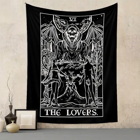 Tarot Karte Wandteppich Wandbehang Polyester Schwarz Weiß Die Liebenden VI Gothisch Böhmisch Deko Für Schlafzimmer
