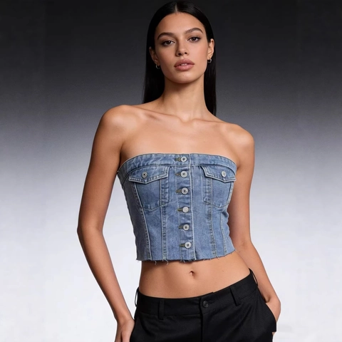 Denim Tube Top Trägerloses Bustier Mit Knöpfen Kurze Weste Slim Fit Sexy Streetwear Casual Mode Für Damen