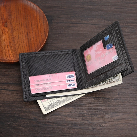 Billetera Hombre Bifold Textura Fibra De Carbono Cuero PU Gran Capacidad Ranuras Tarjetas Ventana ID Negocios Casual Delgado