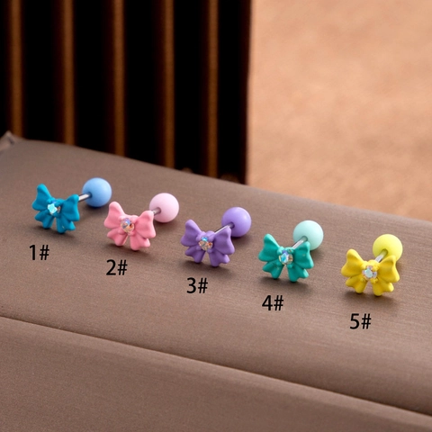 Bow Stud Earrings With Stainless Steel Post Copper Zircon Colorful Matte Finish Screw Back For Women Helix Piercing