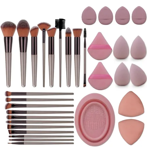 Brochas De Maquillaje Profesionales Mango De Madera Fibra Sintética Polvos Base Sombras Esponjas Cuenco De Limpieza Rosa