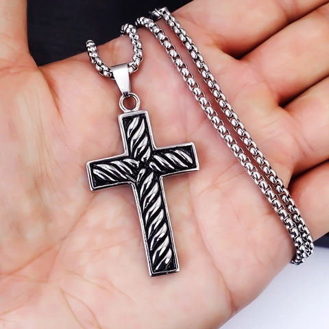 Vintage Stainless Steel Cross Pendant Necklace For Men Punk Hip Hop Gothic Jewelry Retro Alloy Motif Necklace Gift