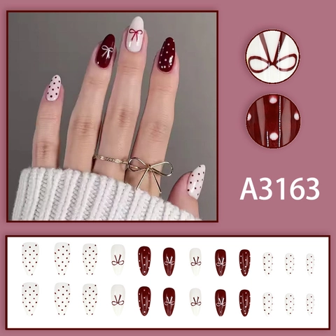 Unghie Finte Press On Retro Rosso Vino E Bianco Crema Forma Mandorla Design Pois Fiocco Lucide Lunghe Per Donne