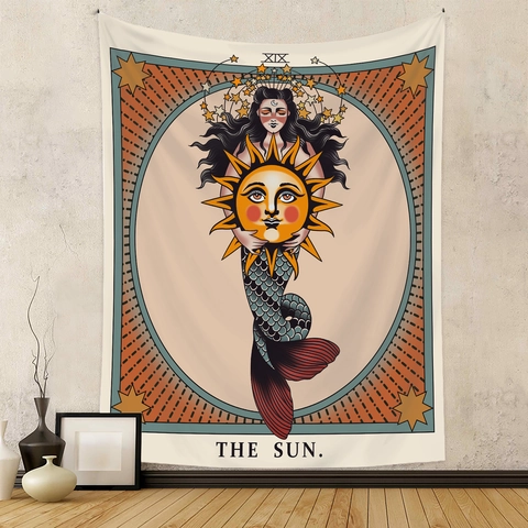 Arazzo Carte Dei Tarocchi Da Parete Poliestere Vintage Tatuaggio Estetica Luna Sole Sirena Arte Sfondo Per Arredamento Camera