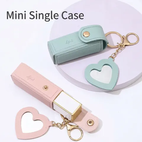 Mini Lipstick Holder Keychain Bag PU Leather Portable Makeup Pouch With Heart Mirror Snap Button Closure For Women