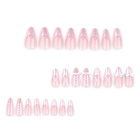 Faux Ongles À Presser French Roses Avec Nœuds 3D Künstliche Perles Motif Treillis Blanc Forme Amande Style Ballet