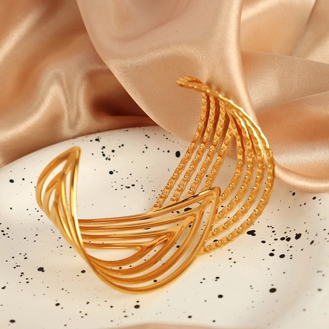 Wide Cuff Bracelet Stainless Steel 18K Gold Plated Hollow Geometric Wave Chain Link Multi Layer Open Bangle For Women