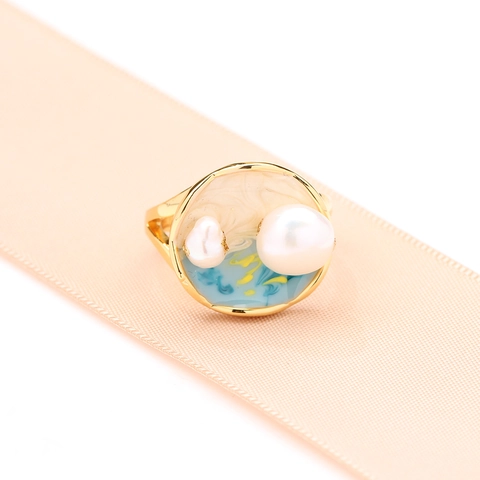Anillo Geométrico de Esmalte Estilo Pintura al Óleo Vintage para Mujer Cobre Chapado en Oro Perla Artificial Anillo Ajustable