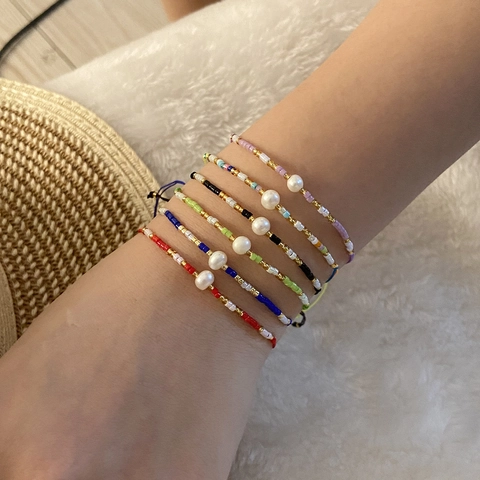 Handmade Woven Bracelet With Artificial Pearl And Seed Beads Adjustable Drawstring Bohemian Summer Jewelry For Women