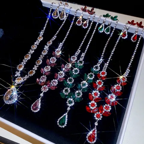 Gioielli In Rame Stile Palazzo Elegante Collana E Orecchini Con Zircone Goccia D'acqua Design Fiore Foglia Silver Earring Post