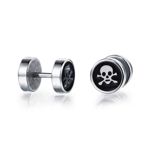Punk Men's Stainless Steel Skull Stud Earrings Polished Silver Black Round Screw Back Earrings Fashion Hip Hop Ear Jewelry