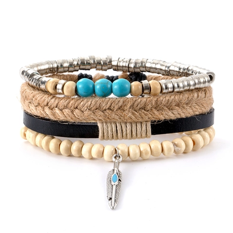 Bohemian Multi Layer Bracelet Leather Wood Beads Turquoise Alloy Feather Pendant Adjustable Vintage Ethnic Jewelry Men Women