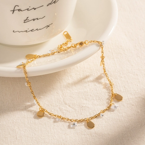 Tobillera De Acero Inoxidable Chapado En Oro De 18K Con Cristales Transparentes Gota De Agua Y Borlas De Lentejuelas