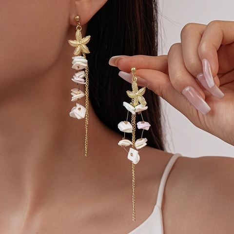 Starfish Shell Tassel Drop Earrings With 925 Sterling Silver Earring Post Alloy Metal Beach Vacation Bohemian Style Women