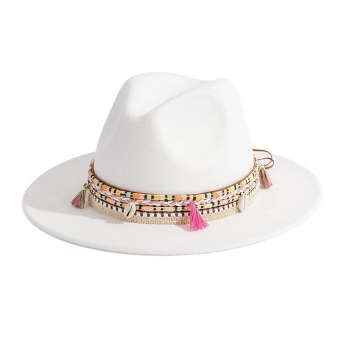 Damen Fedora Hut Breite Krempe Polyester Filz Boho Stil Mit Muscheln Quasten Geflochtenes Band Verstellbar Western