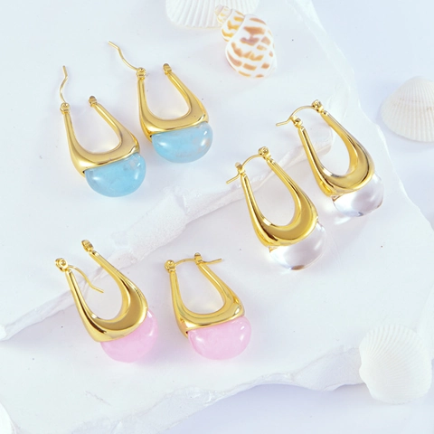 Orecchini Pendenti A Forma Di U Vintage Francese Acciaio Inossidabile Pendente Ovale In Resina Gioielli Eleganti Per Donne