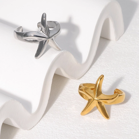Anello Stella Marina Acciaio Inossidabile Placcato Oro 18K Aperto Regolabile Stile Oceano Gioielli Per Donne