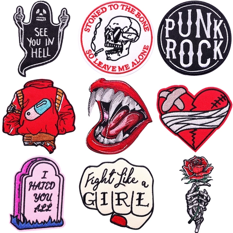 Punk Gothic Embroidery Patches Iron On Appliques For Clothing DIY Decoration Heart Skull Lips Motif