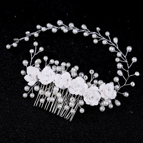 Pettine Capelli Sposa Rosa Ceramica Fiore Perla Artificial Strass Fatto A Mano Accessorio Matrimonio Elegante Copricapo