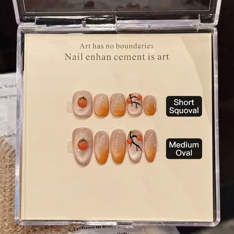 Kunstnagels Handgemaakt Kattenoog Effect 3D Persimmon Reliëf Gradiënt Oranje Crème Vintage Ins Stijl Oval Squoval
