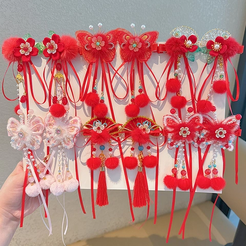 Pinces À Cheveux Filles Nœud Velours Rouge Glands Épingles À Cheveux Style Ancien Nouvel An Chinois Hanfu Accessoires