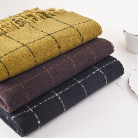 Plaid Winter Scarf For Women Faux Cashmere Warm Thick Windowpane Grid Pattern Tassel Soft Wrap Vintage Elegant Shawl