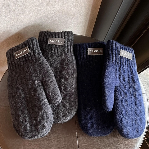 Men Winter Mittens Knit Acrylic Fleece Lined Warm Cable Texture Ribbed Cuffs Fashion Classic Label Cold Weather