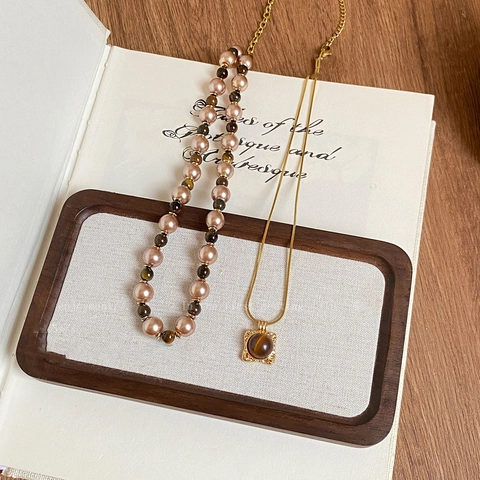 Collar Con Colgante De Ojo De Tigre Retro Con Cadena De Cobre Dorado Y Perlas Artificiales Artificiales Joyería De Lujo Para Mujer