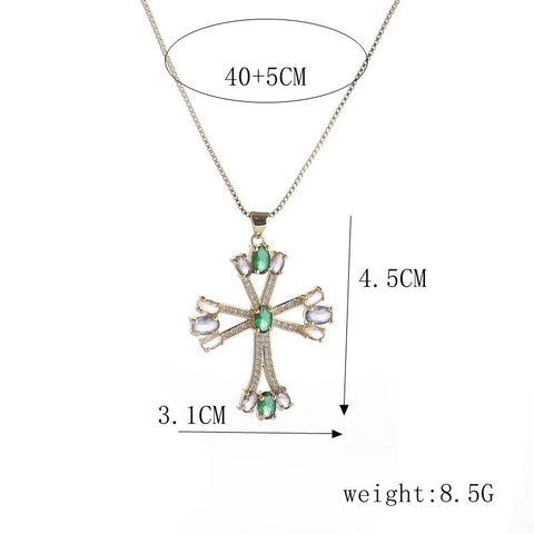Copper Cross Pendant Necklace With Green Purple Zircon Micro-Set Box Chain Jewelry For Men Women