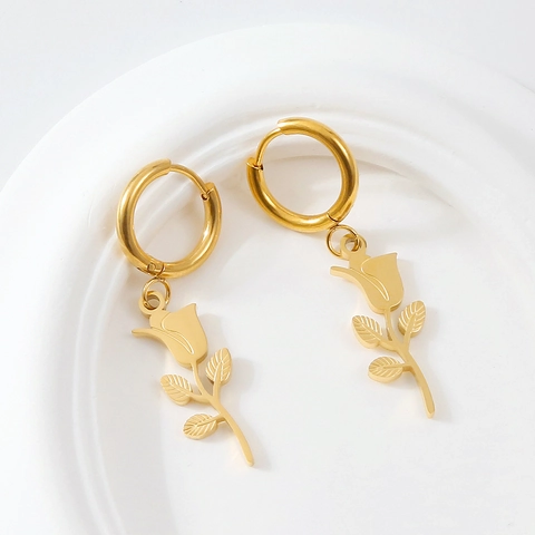 Orecchini a Cerchio con Fiore di Rosa Acciaio Inossidabile Placcato Oro Elegante Pendente Floreale Per Donne