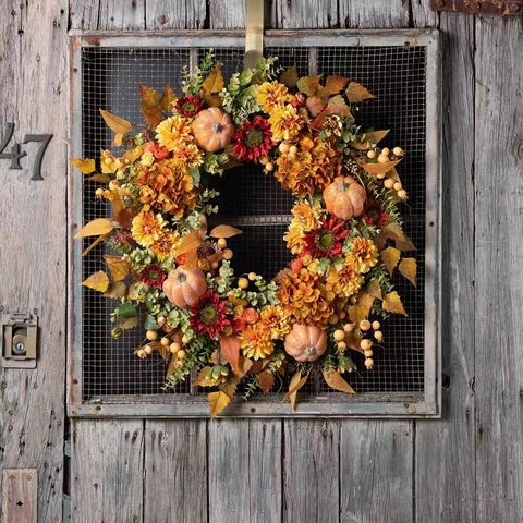 Ghirlanda Raccolto Autunnale Zucca Artificiale Foglia Acero Girasole Bacca Decorazione Porta Ingresso Ringraziamento Halloween